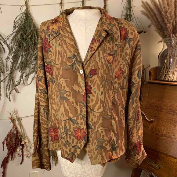 Liz Baker Essentials Plus Size Silk Like Blouse Botanical Pattern 16 - Picture 2 of 12